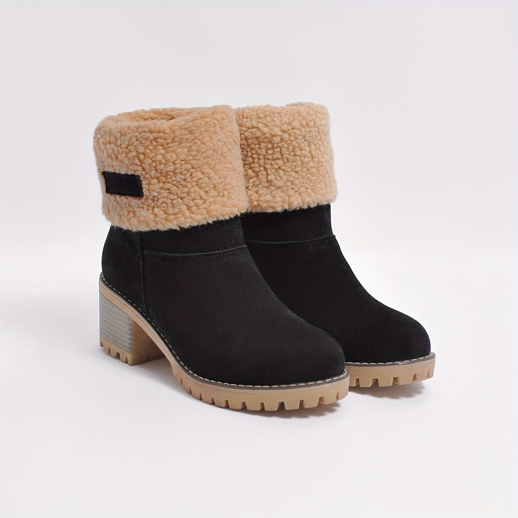 Womens Cuffed Ankle Boots with a Plush Cuff, Block Heel and Slip On Style in Black Size 9