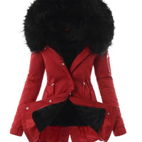Women's Winter Parka with Faux Fur Lining and Hooded Trim, Adjustable Waist