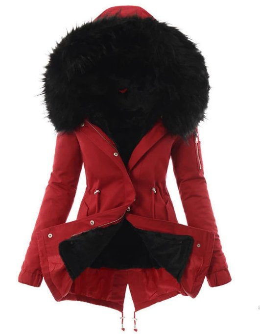 Women's Winter Parka with Faux Fur Lining and Hooded Trim, Adjustable Waist