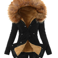 Women's Winter Parka with Faux Fur Lining and Hooded Trim, Adjustable Waist