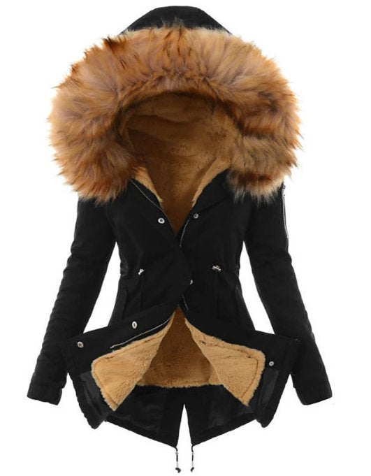 Women's Winter Parka with Faux Fur Lining and Hooded Trim, Adjustable Waist