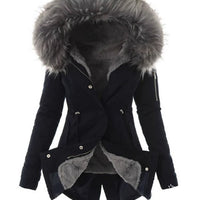 Women's Winter Parka with Faux Fur Lining and Hooded Trim, Adjustable Waist