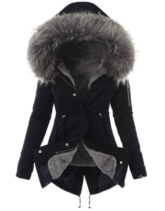 Women's Winter Parka with Faux Fur Lining and Hooded Trim, Adjustable Waist