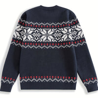 Nordic Snowflake Knit Sweater with Round Neck and Ribbed Cuffs for Autumn and Winter