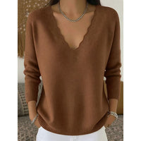 Womens Scalloped V Neck Pullover with Relaxed Fit in Ten Colors and Sizes Small to 3XL