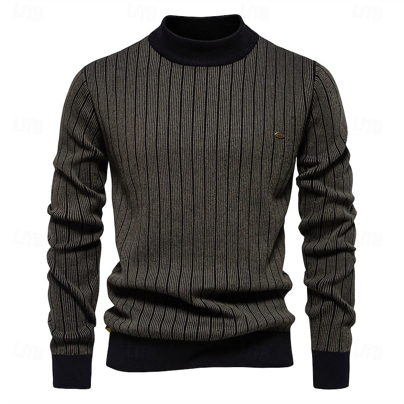 Mens Ribbed Mock Neck Sweater with Vertical Rib Pattern and Tailored Relaxed Fit in Four Colors