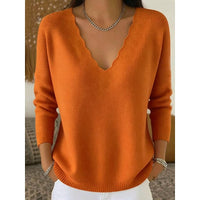 Womens Scalloped V Neck Pullover with Relaxed Fit in Ten Colors and Sizes Small to 3XL