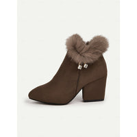 Block Heel Ankle Boots with Plush Trim, Pointed Toe and Side Zip in Brown or Black