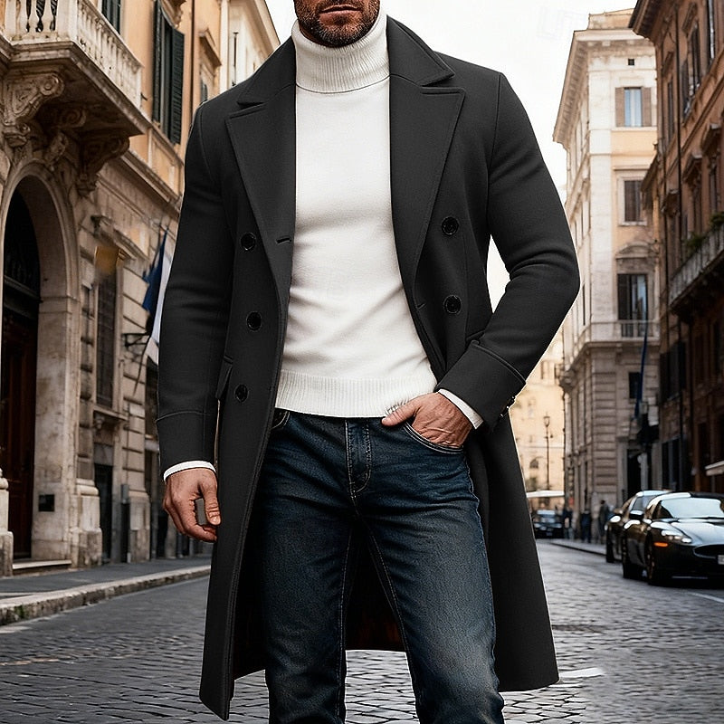 Double Breasted Overcoat with Hip Length Coverage and Tailored Shoulders