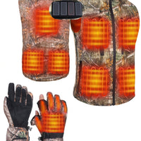 Heated Vest and Glove Set with Eight Carbon Fiber Zones and Flip Fingertips for Hunting