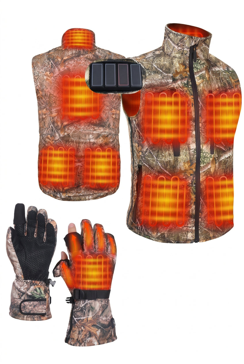 Heated Vest and Glove Set with Eight Carbon Fiber Zones and Flip Fingertips for Hunting