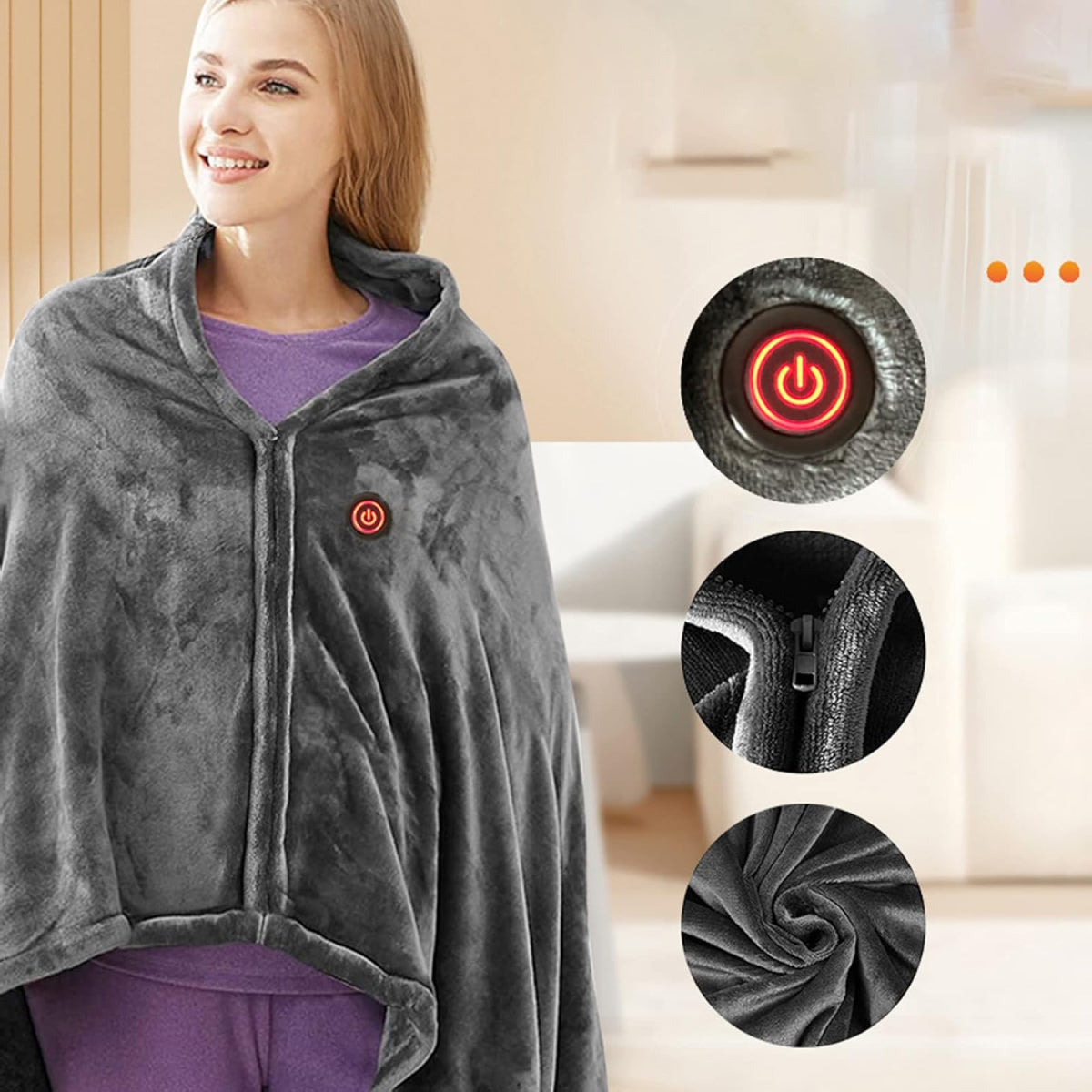 Electric Shawl Blanket with Zipper and Three Heat Modes, Machine Washable