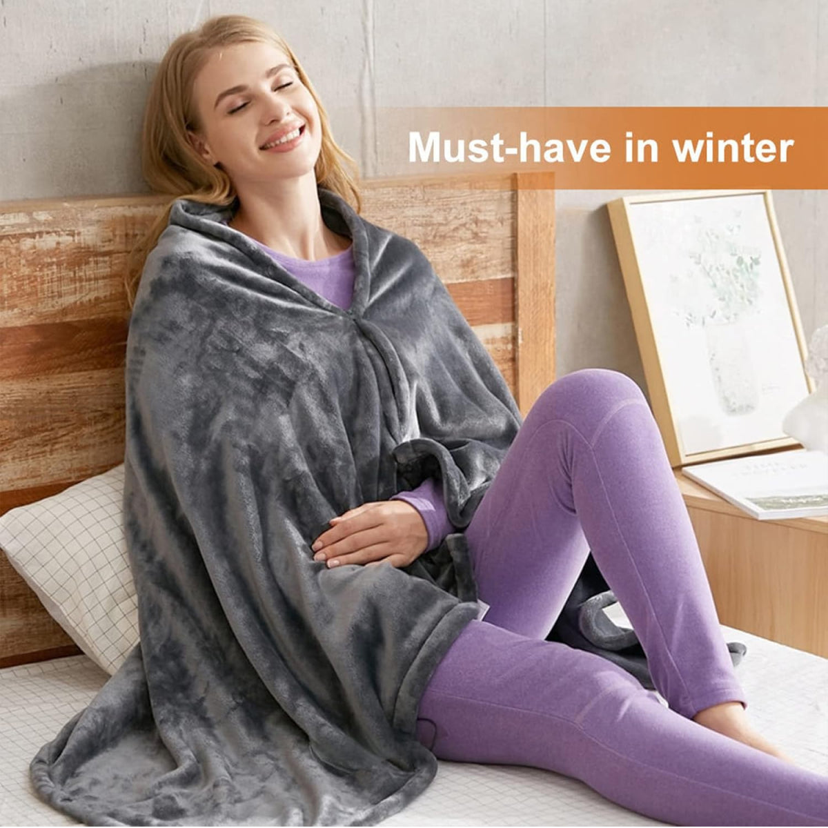 Electric Shawl Blanket with Zipper and Three Heat Modes, Machine Washable