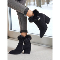 Block Heel Ankle Boots with Plush Trim, Pointed Toe and Side Zip in Brown or Black