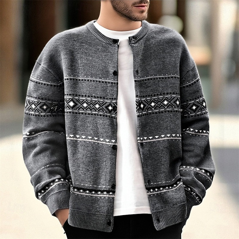 Mens Button Down Patterned Cardigan with Full Front Closure and Regular Fit in Dark Gray or Beige