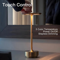 Cordless Rechargeable LED Table Lamp with Touch Dimming and Three Color Temperatures in Gold, Silver or Black