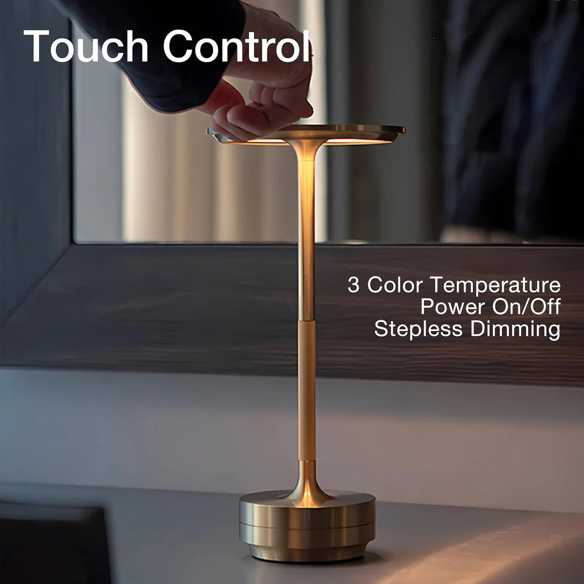 Cordless Rechargeable LED Table Lamp with Touch Dimming and Three Color Temperatures in Gold, Silver or Black