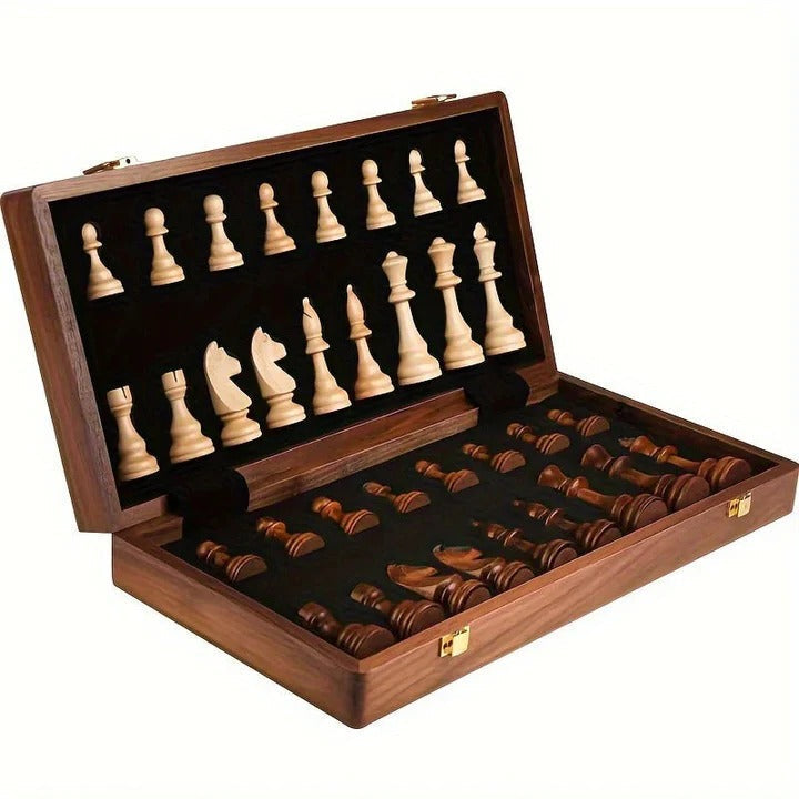 Folding Wooden Chess Set with Magnetic Closure and Storage Compartments for Home and Travel