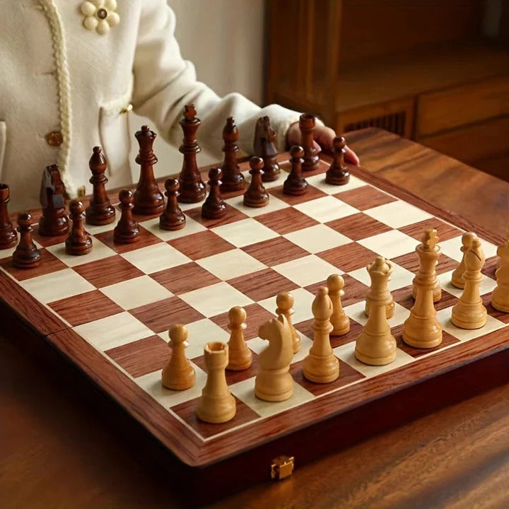 Folding Wooden Chess Set with Magnetic Closure and Storage Compartments for Home and Travel