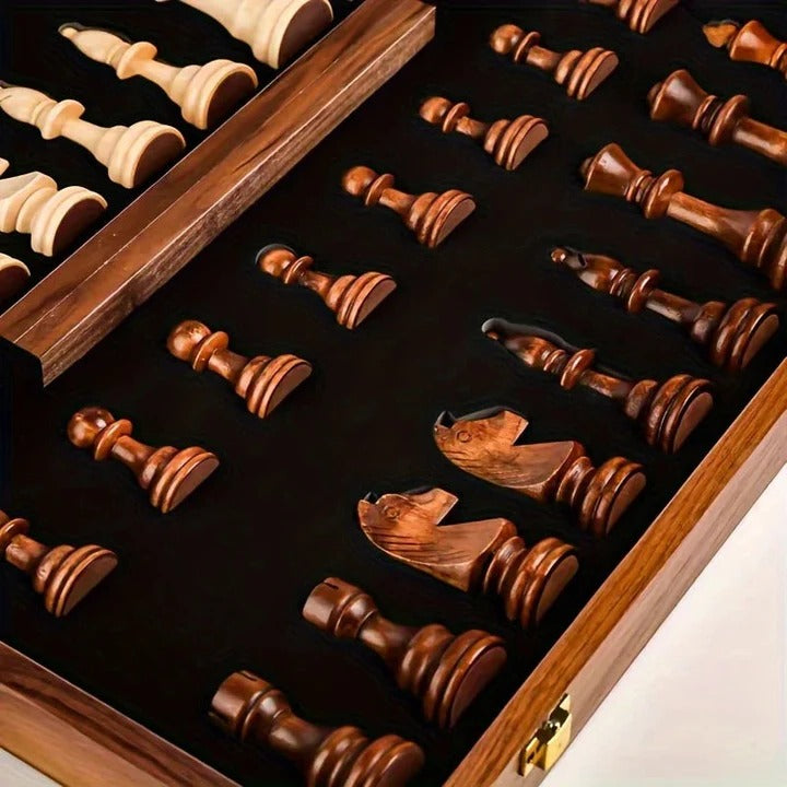 Folding Wooden Chess Set with Magnetic Closure and Storage Compartments for Home and Travel