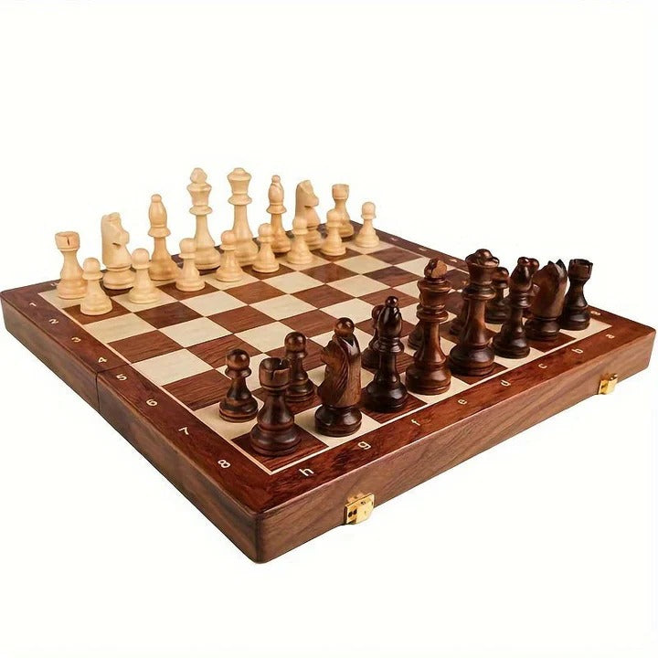 Folding Wooden Chess Set with Magnetic Closure and Storage Compartments for Home and Travel