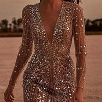Womens Sequin Evening Dress with V Neck and Sheer Sleeves