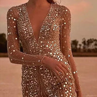 Womens Sequin Evening Dress with V Neck and Sheer Sleeves