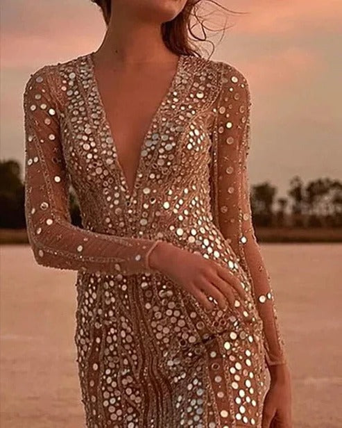 Womens Sequin Evening Dress with V Neck and Sheer Sleeves