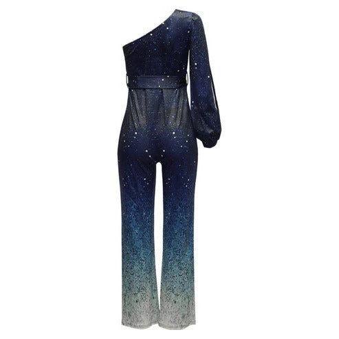 Asymmetrical One Shoulder Jumpsuit with Ombre Flared Legs and Relaxed Fit