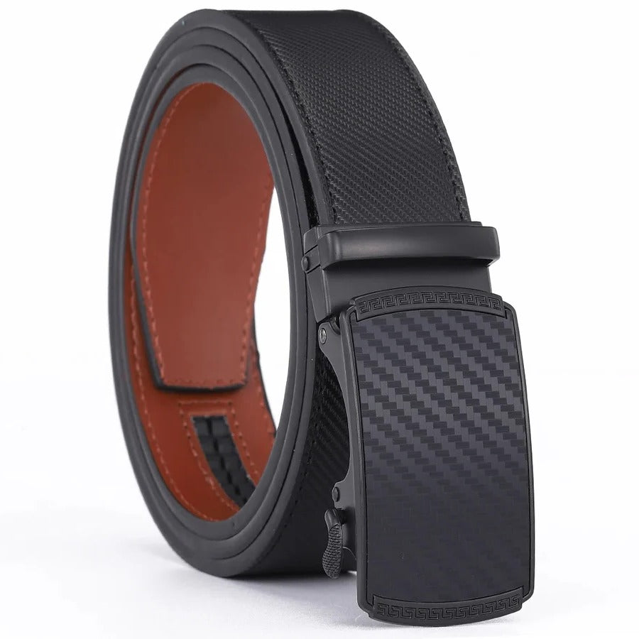 Mens Genuine Leather Ratchet Belt with Automatic Slide Buckle in Black Brown Or Blue