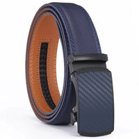 Mens Genuine Leather Ratchet Belt with Automatic Slide Buckle in Black Brown Or Blue