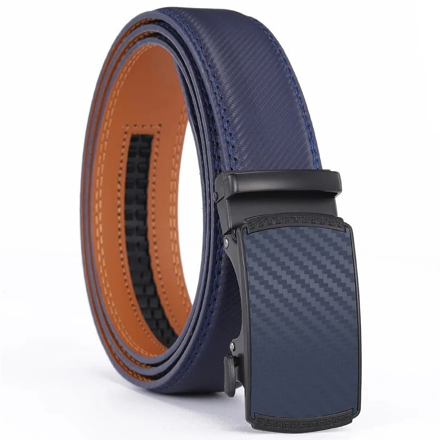 Mens Genuine Leather Ratchet Belt with Automatic Slide Buckle in Black Brown Or Blue