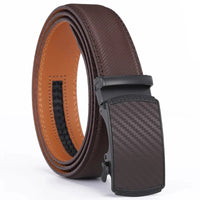Mens Genuine Leather Ratchet Belt with Automatic Slide Buckle in Black Brown Or Blue
