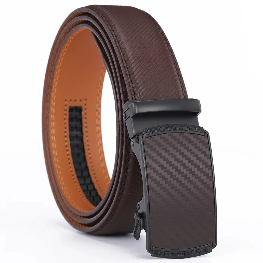 Mens Genuine Leather Ratchet Belt with Automatic Slide Buckle in Black Brown Or Blue