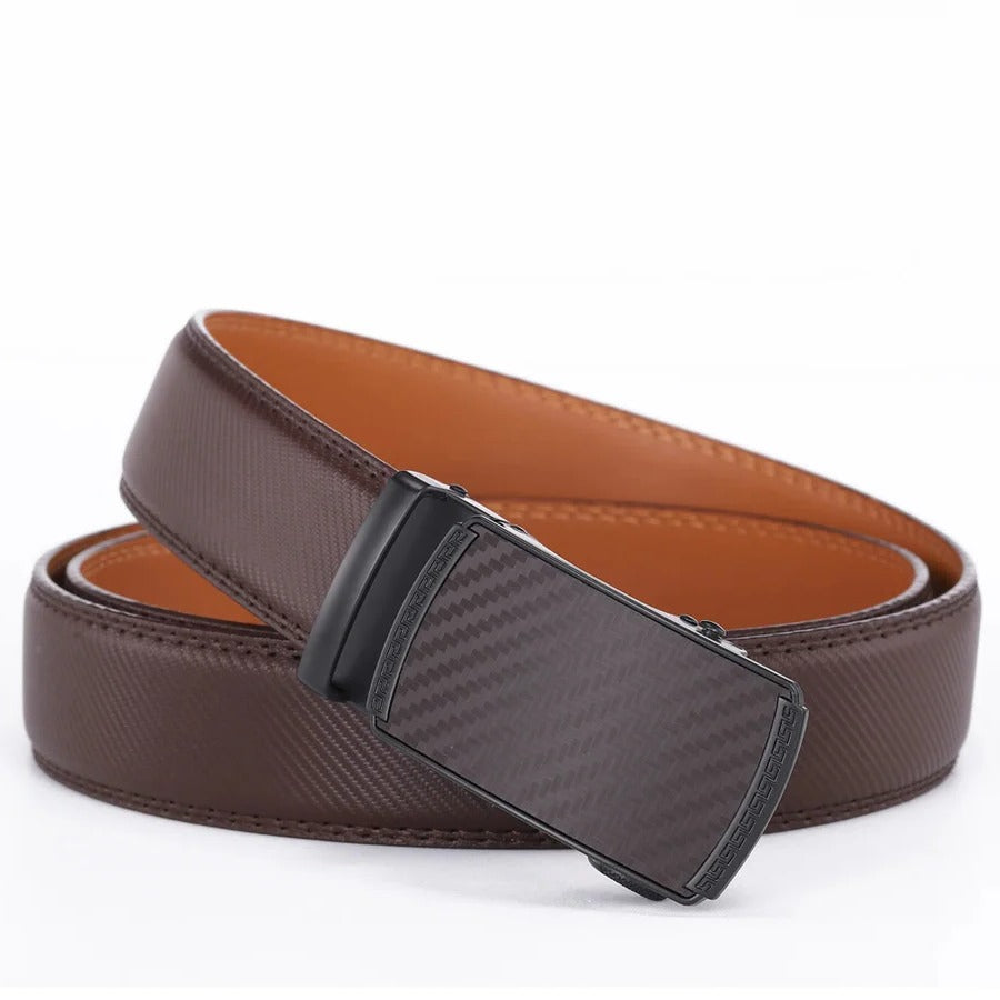 Mens Genuine Leather Ratchet Belt with Automatic Slide Buckle in Black Brown Or Blue
