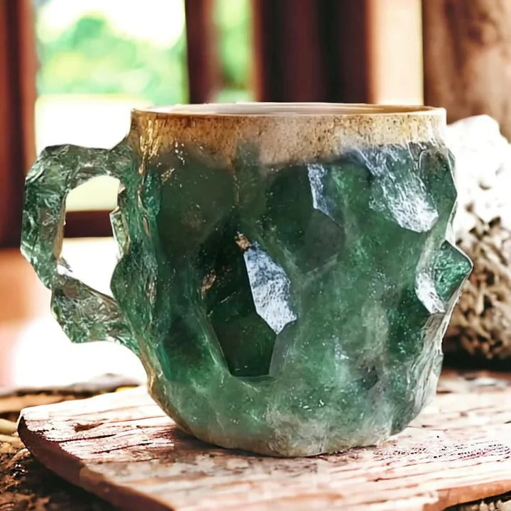 Textured Crystal Coffee Mug with Mineral Pattern and Light-Reflecting Surface