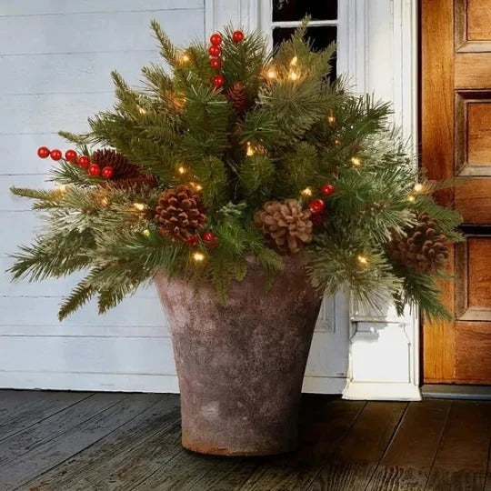 Pre-Lit Evergreen Urn Filler with 35 Warm White Lights and Auto Timer