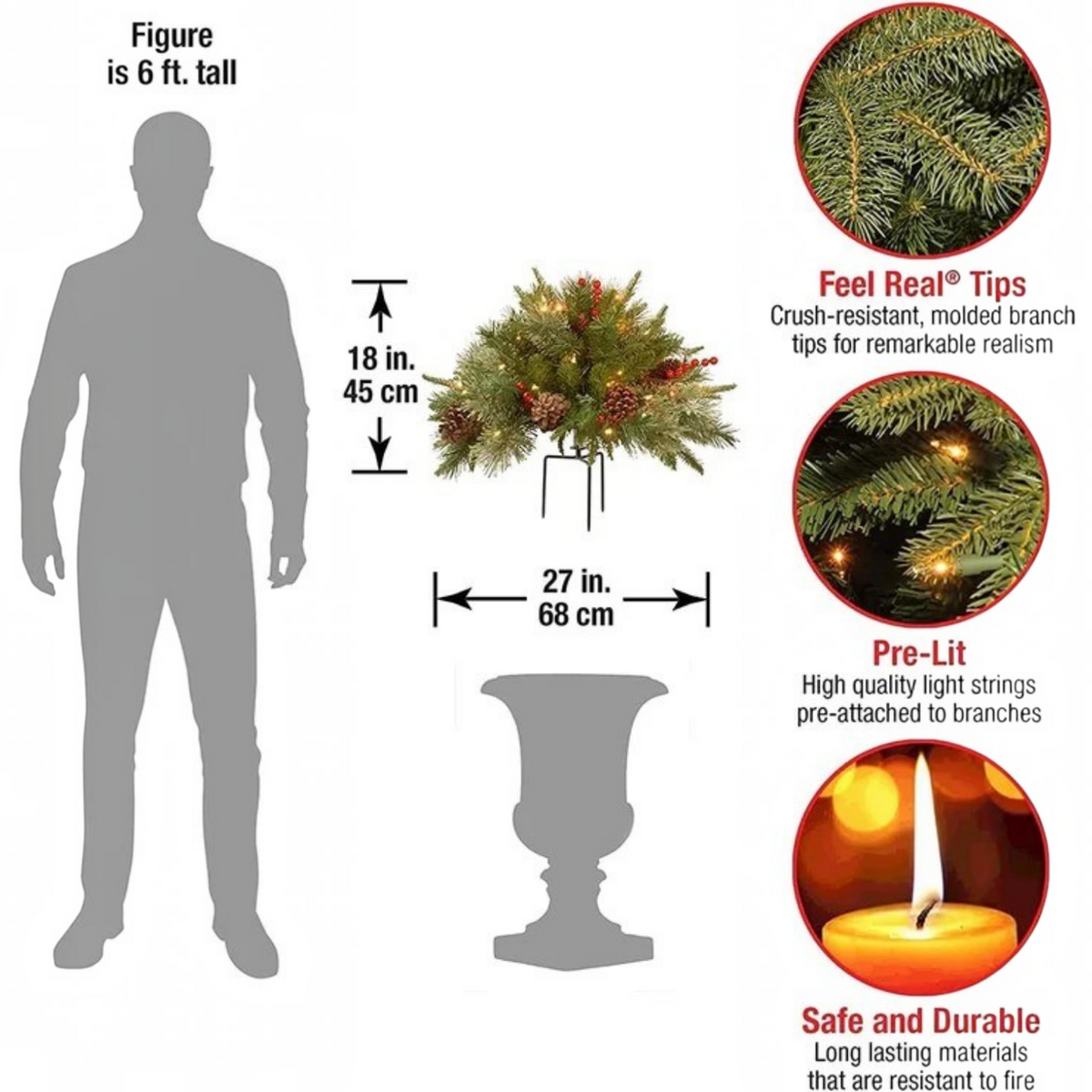 Pre-Lit Evergreen Urn Filler with 35 Warm White Lights and Auto Timer