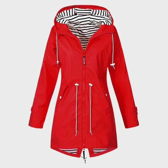 Womens Long Hooded Rain Jacket with Side Pockets and Adjustable Hood in Six Colors
