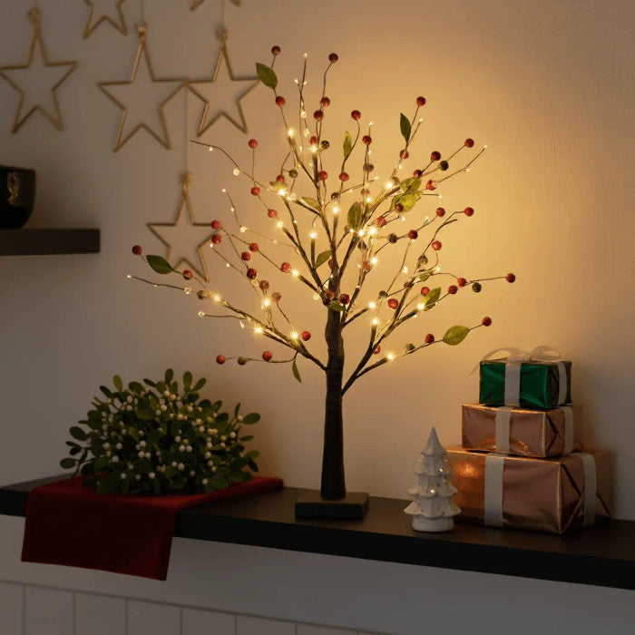 Light Up Tree with Red Berries and Soft Warm Glow Standing 21 Inches Tall for Tabletops