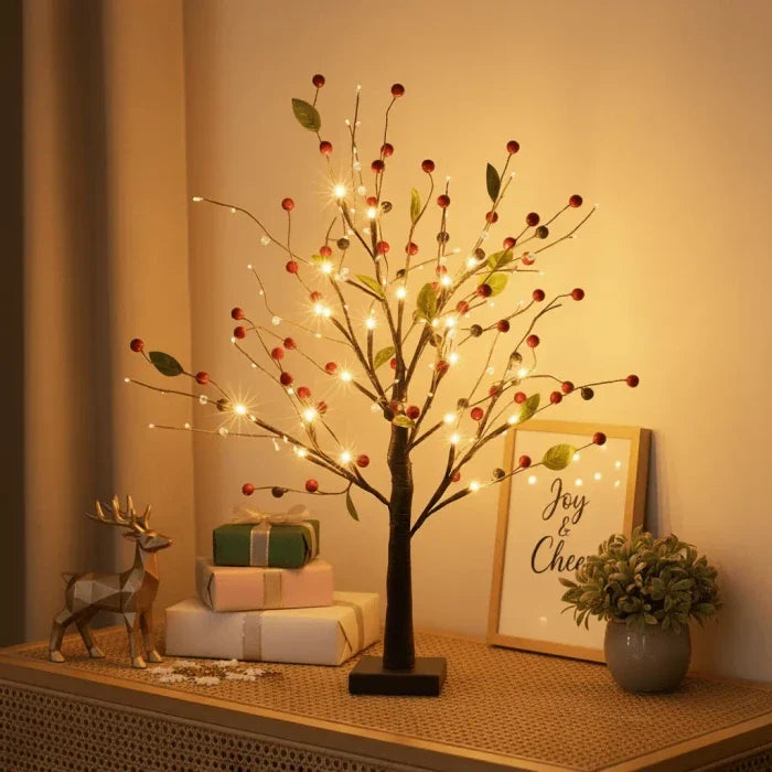 Light Up Tree with Red Berries and Soft Warm Glow Standing 21 Inches Tall for Tabletops