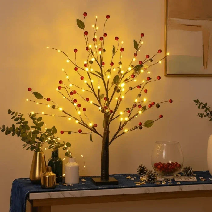 Light Up Tree with Red Berries and Soft Warm Glow Standing 21 Inches Tall for Tabletops