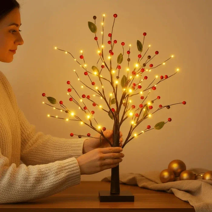 Light Up Tree with Red Berries and Soft Warm Glow Standing 21 Inches Tall for Tabletops