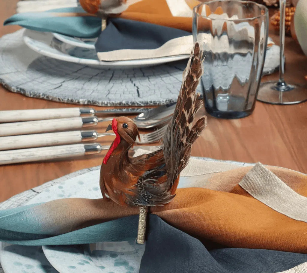 Thanksgiving Turkey Napkin Rings with Natural Feathers, Set of 4