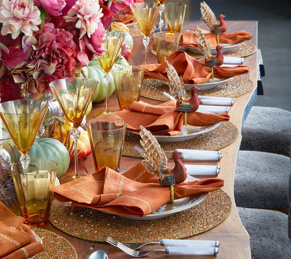 Thanksgiving Turkey Napkin Rings with Natural Feathers, Set of 4