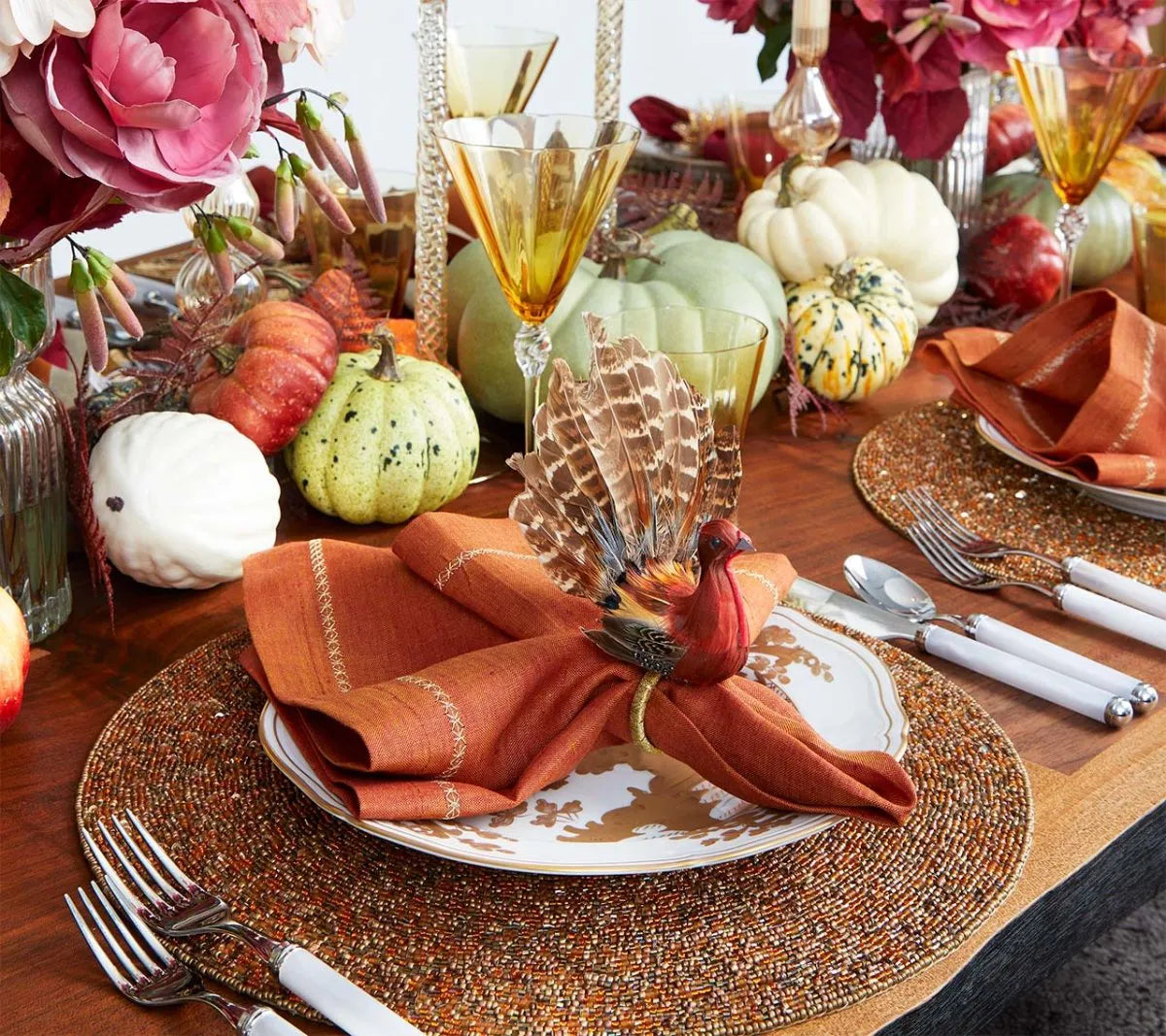 Thanksgiving Turkey Napkin Rings with Natural Feathers, Set of 4