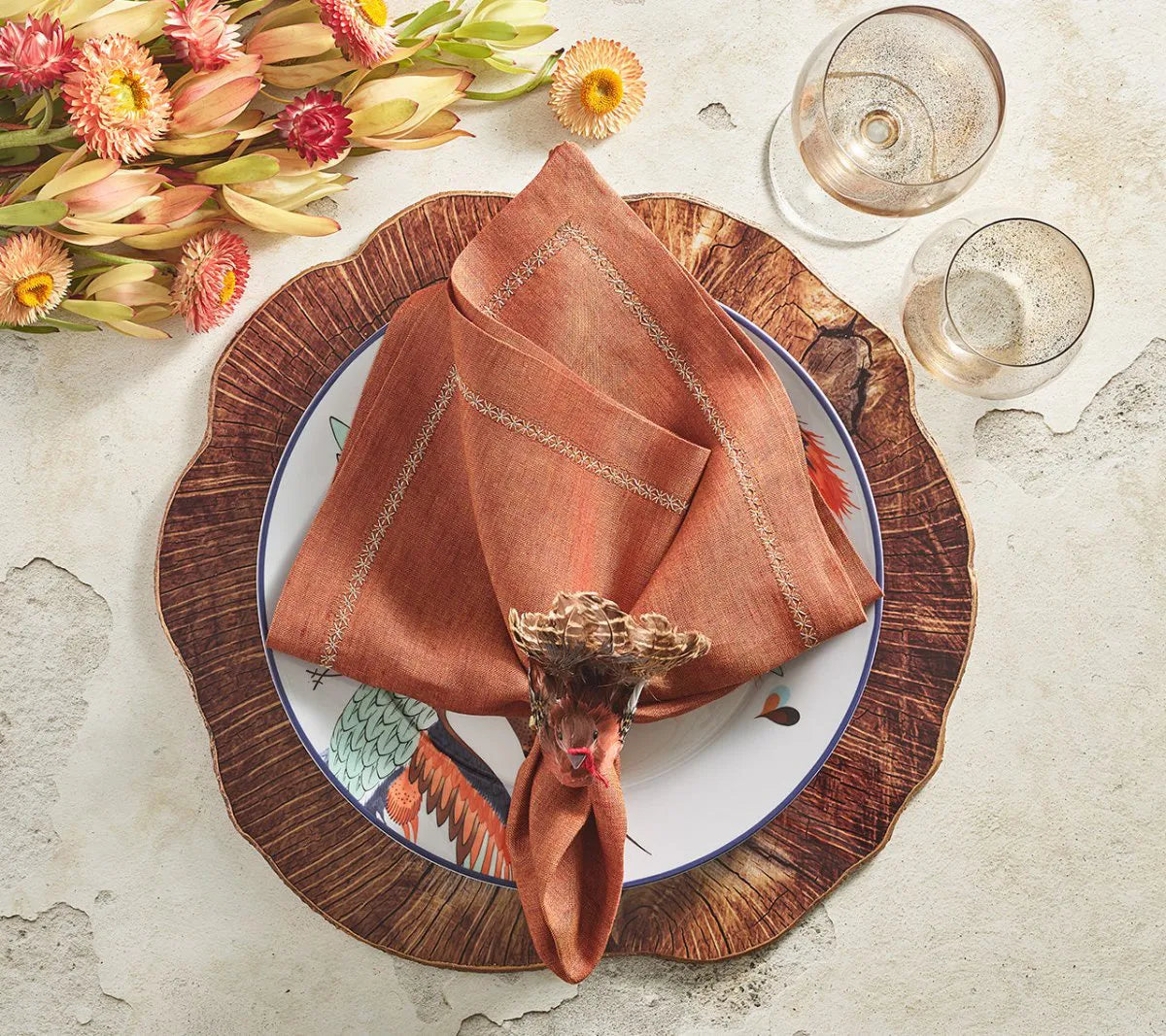 Thanksgiving Turkey Napkin Rings with Natural Feathers, Set of 4