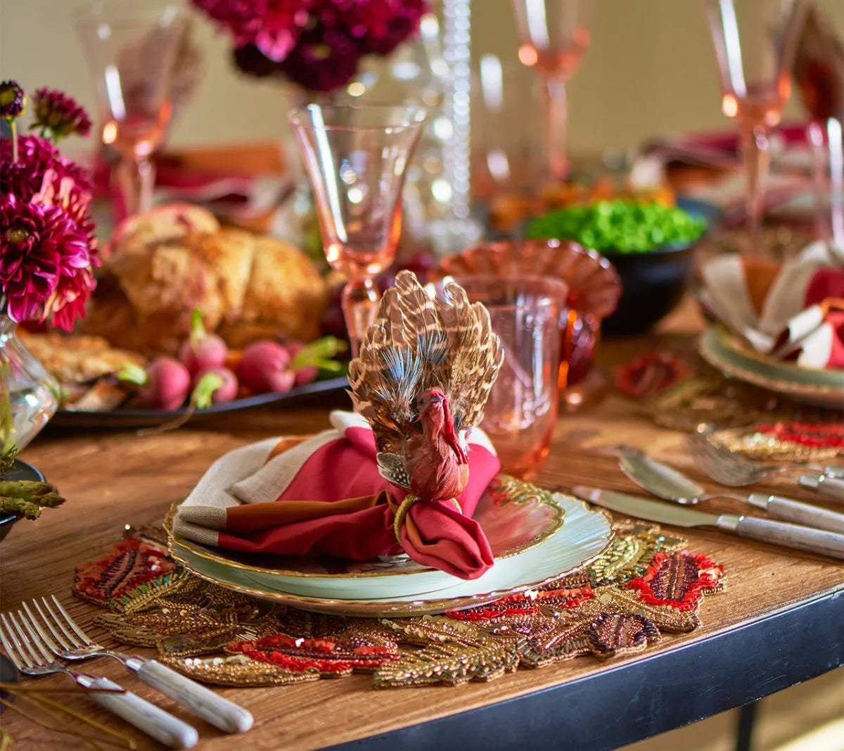 Thanksgiving Turkey Napkin Rings with Natural Feathers, Set of 4