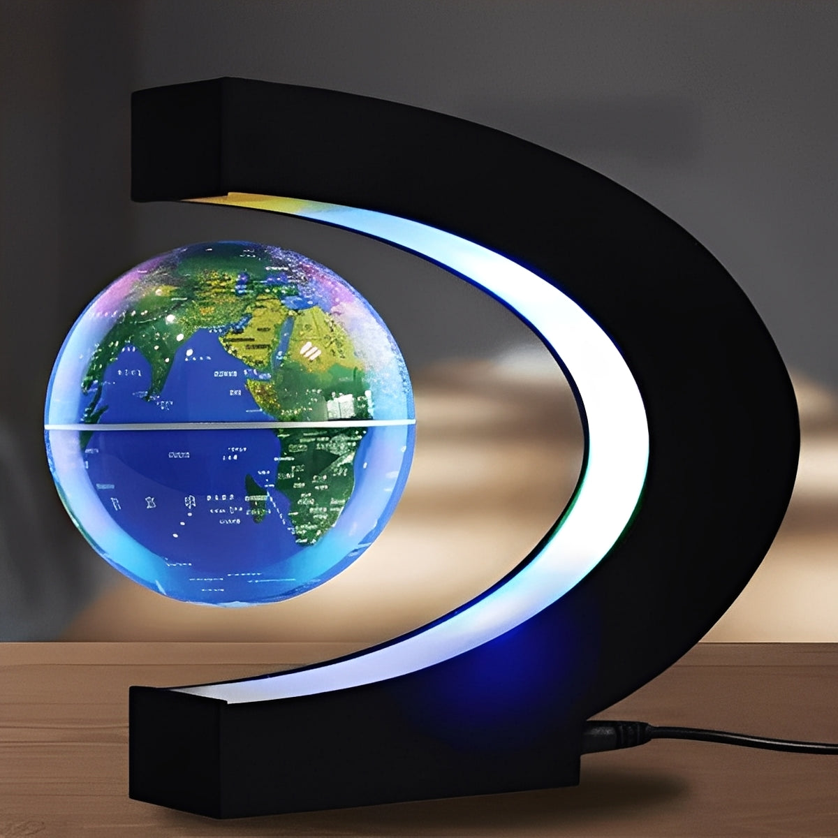 Levitating Globe with Electromagnetic Base and Integrated LED Ring Light