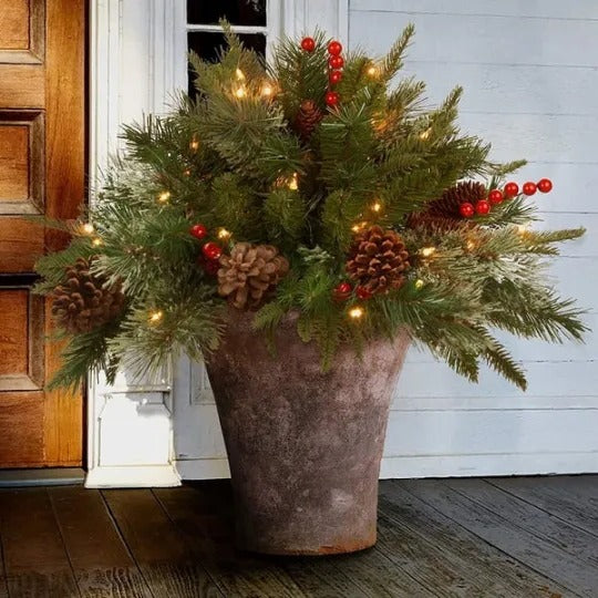 LED Urn Filler with 167 Evergreen Tips and 35 Warm White Lights, Battery Operated